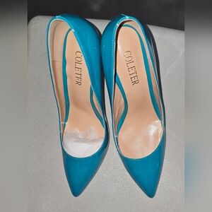Women's Teal Patent Pointed-Toe Pumps